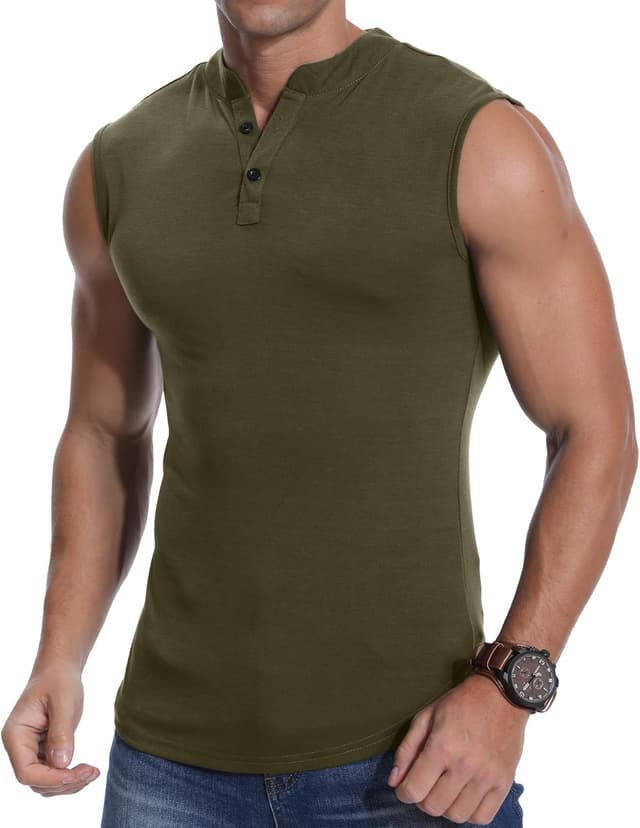 Detalle 2 de PCEAIIH Men’s Sleeveless Henley Vest Sports Tank (65% rayon / 35% polyester) – slim fit running & gym top