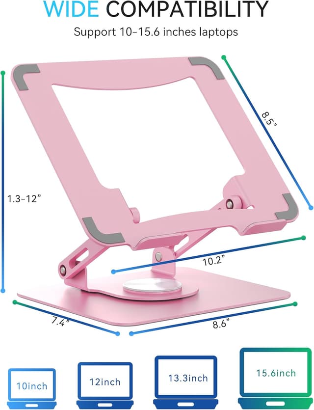 Detalle de SOUNDANCE 360° Rotating Laptop Stand (10–15.6in) with Adjustable Height, Foldable Metal Riser – Pink