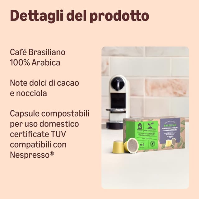 Detalle de by Amazon Home Capsule di Caffè Compostabili compatibili con Nespresso, 100% Arabica Brasiliana, 20 pezzi