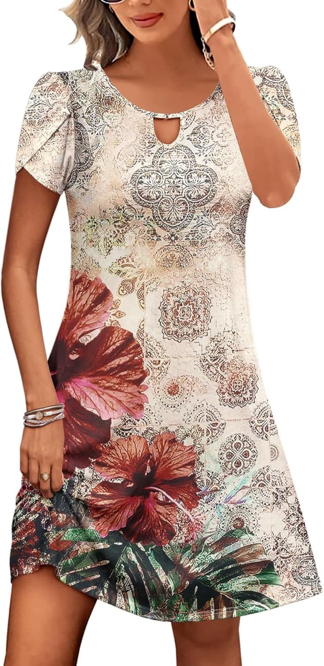 Detalle de HOTOUCH Women’s Casual A-Line T-Shirt Dress with Pockets (Floral, Short Sleeve Mini)