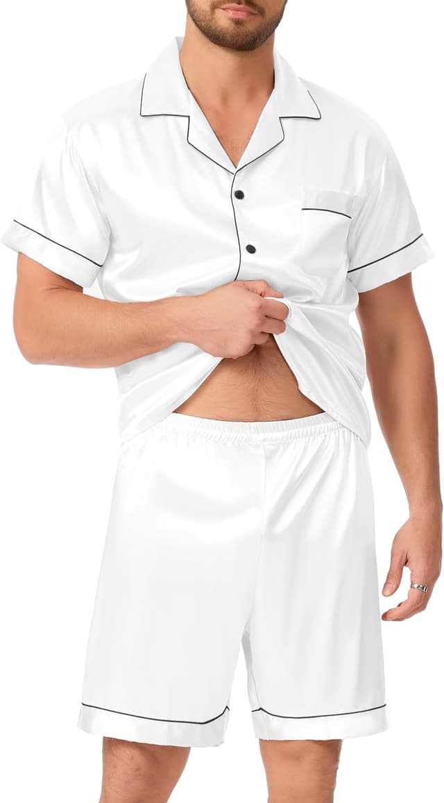 Detalle 2 de Pyjama satin homme court Lovasy : ensemble deux pièces chemise boutonnée et short respirant