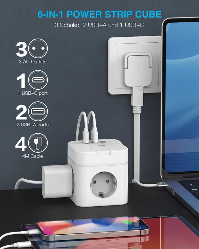 Detalle 2 de 6-in-1 Steckdosenwürfel mit USB-C und 3 USB-Anschlüssen (3 AC einzeln schaltbar) – 4 m Kabel, weiß