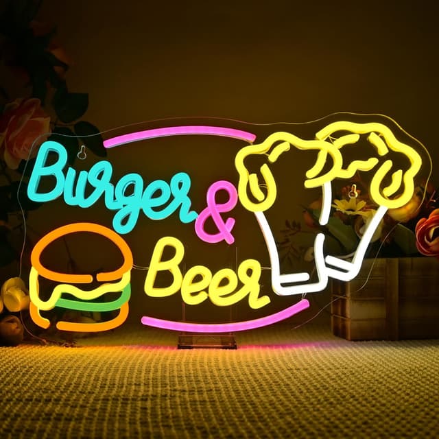 Detalle de LUCUNSTAR „Burger & Beer“ Neon Schild mit USB-Dimmer – Wanddeko für Bar, Restaurant & Küche