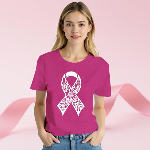 Detalle 1 de Qskall Breast Cancer Awareness T-Shirt for Women with Pink Ribbon Floral Design