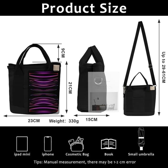 Detalle 2 de Aucuu sac fourre-tout en toile pour femme avec bandoulière réglable et fermeture éclair