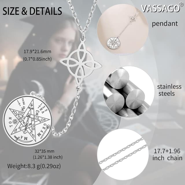 Detalle de VASSAGO Hexenknoten-Halskette aus Edelstahl mit Tetragrammaton & Pentagramm