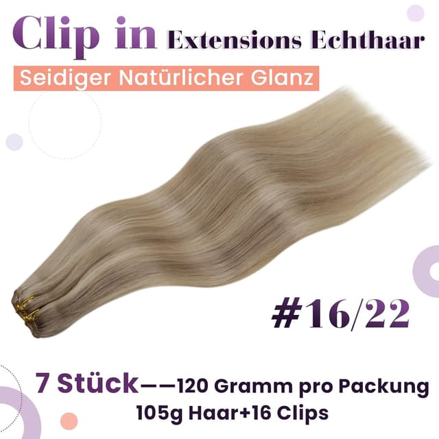Detalle de LaaVoo Clip-in Echthaar-Extensions Blond Highlight (7 Stück, 35 cm) #16/22