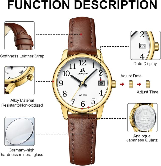 Thumbnail 6 de LN LENQIN Ladies Analog Quartz Watch with Leather Strap (3 ATM Waterproof)