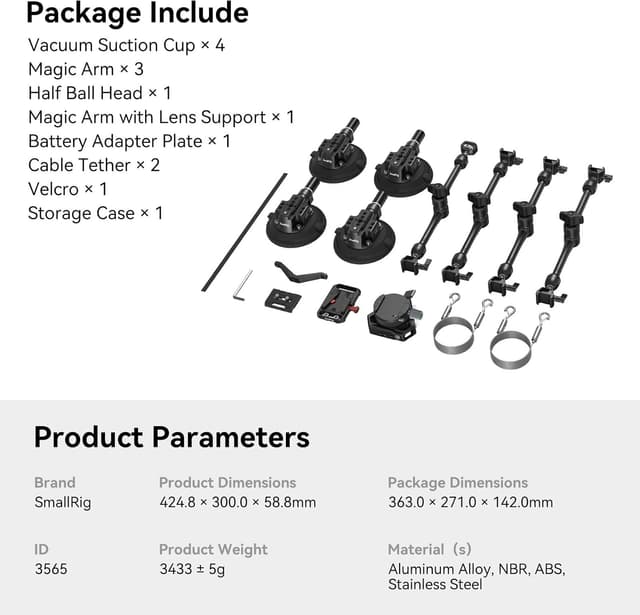 Thumbnail 6 de SMALLRIG SC-15K : kit de montage voiture à ventouse puissante à 4 bras (support stabilisateur, réglages demi-rotule)