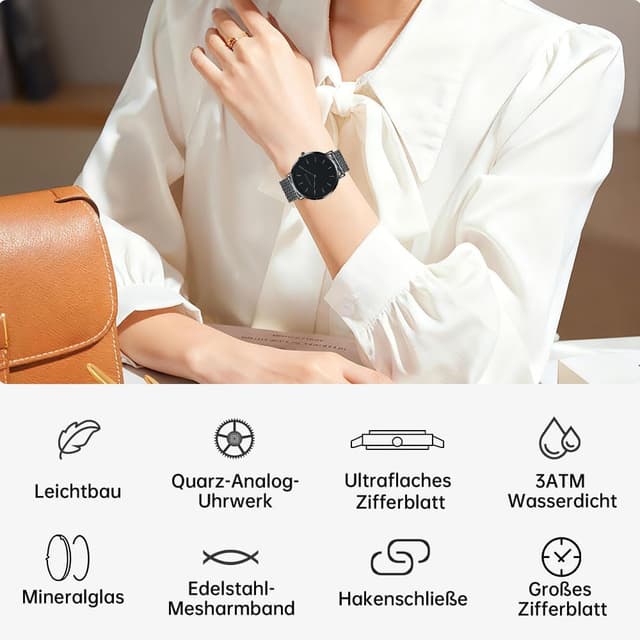 Detalle de LIGE Damen-Armbanduhr Analog Quarz Ultra-Flach (41 mm) mit Edelstahl-Meshband