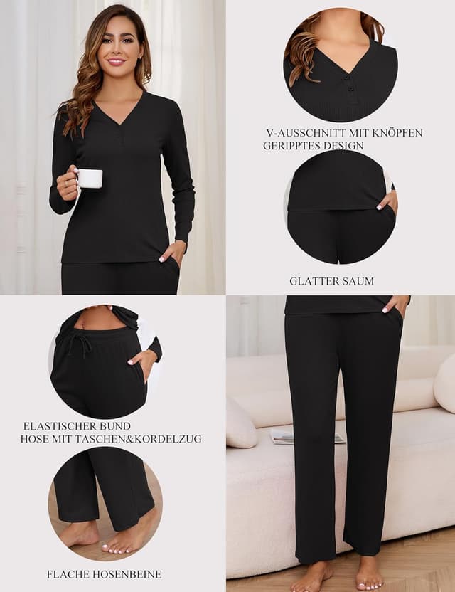 Thumbnail 3 de Becotal Damen-Schlafanzug Lang (2-teilig) aus Baumwolle mit Rippstruktur für Winter