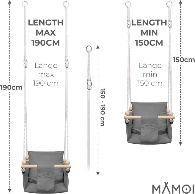Detalle de MAMOI® balançoire d’intérieur bébé et enfants en bois et coton (balancelle scandinave)