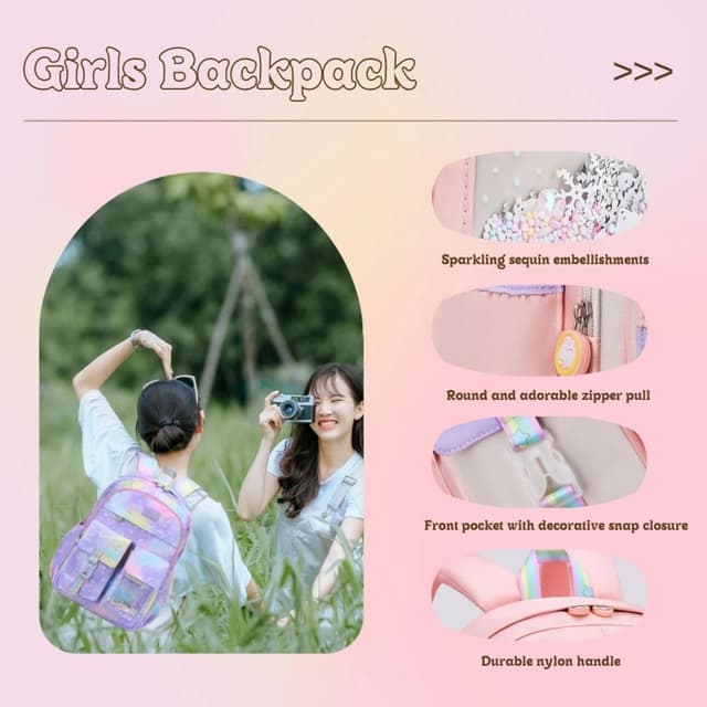 Detalle de VIDOSCLA Cute Colourful Casual Daypack for Girls (Gradient Pink) – Kids School Backpack, 29 x 16 x 41cm