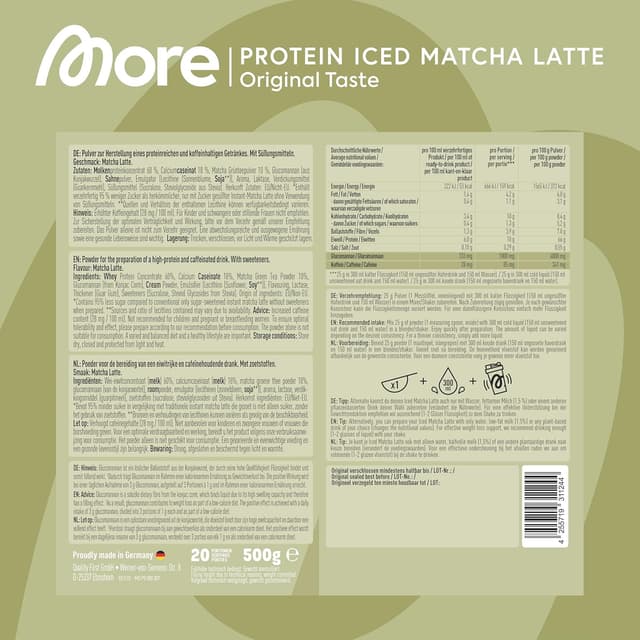 Detalle 2 de MORE Protein Iced Matcha Latte (500 g) – Matcha-Grünteepulver mit Proteinen, wenig Zucker
