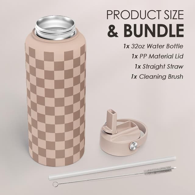 Detalle de Checkerboard Water Bottle 32oz Stainless Steel with Lid & Straw (Beige Checker) — Insulated Sports Bottle