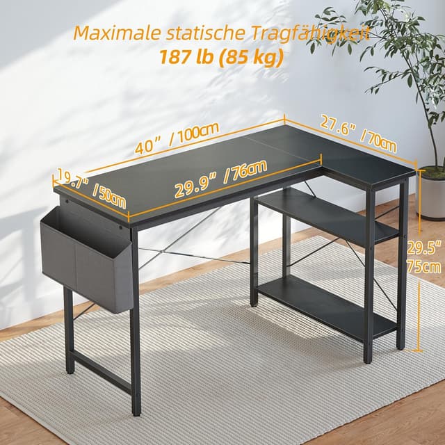 Detalle de BEXEVUE Scrivania ad angolo a L reversibile 100x70 cm con ripiani portaoggetti