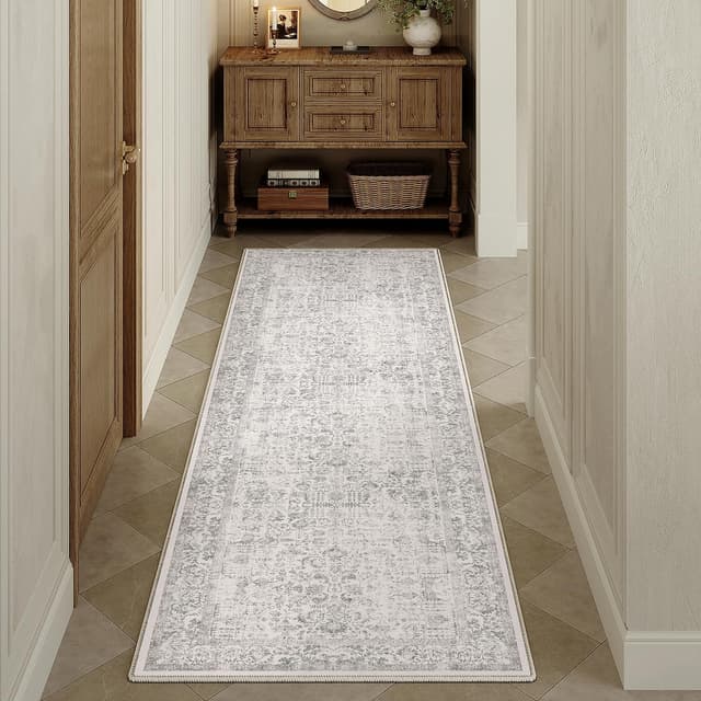 Detalle de HUGEAR Vintage grauer waschbarer Teppich (60 x 180 cm) mit rutschfester TPR-Unterseite