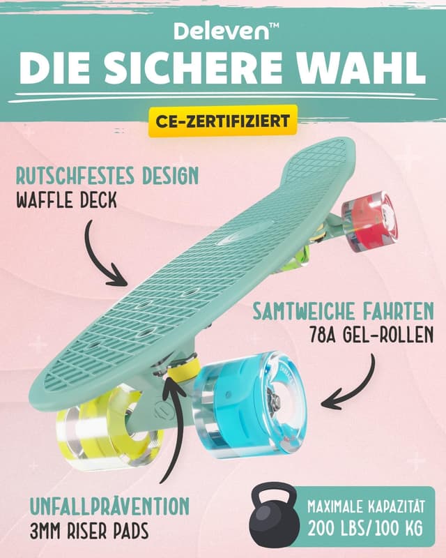 Detalle de Deleven Skateboard mit LED-Rollen, Skate-Tool und ABEC-7-Lagern (56 cm) für Kinder und Erwachsene