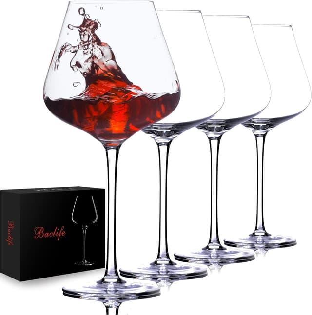 Detalle de BACLIFE Hand Blown Red Wine Glasses Set of 4 (23 oz) – Long Stem Burgundy Crystal