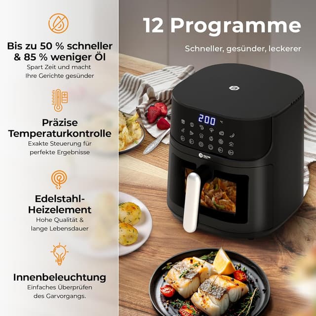 Detalle de Balter HL-551T Heißluftfritteuse (Airfryer) XXL, 5,5 l, mit Sichtfenster & 12 Programmen