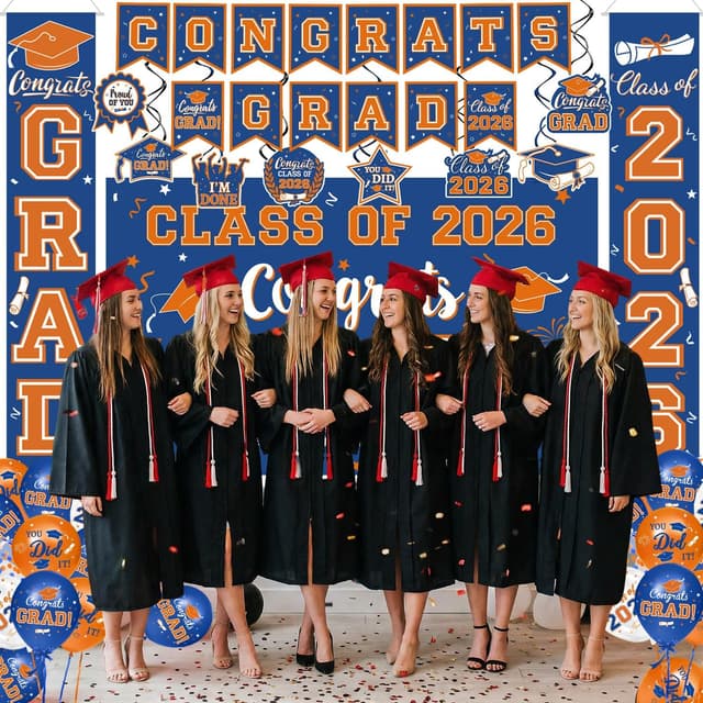 Detalle de Graduation Blue and Orange Decorations 2026 Set (Grad Backdrop, Banner, Swirls, Porch Sign, Foil & Latex Balloons)