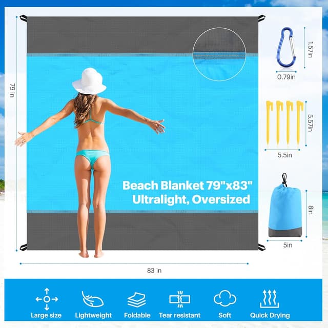 Detalle 2 de EASYFUN Sandproof Oversized Beach Blanket (79×83 in) — Portable Water-Resistant Beach Mat for Families