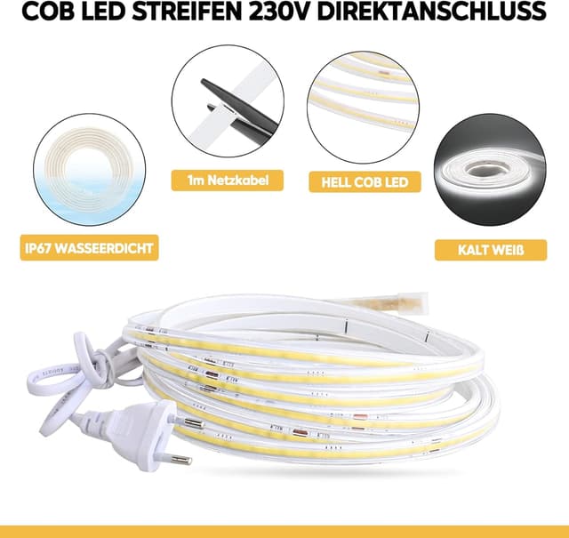 Detalle de pcning COB Flexible LED Strip Light Kaltweiß 3 m – 230 V Direktanschluss, IP67, 6.000 K