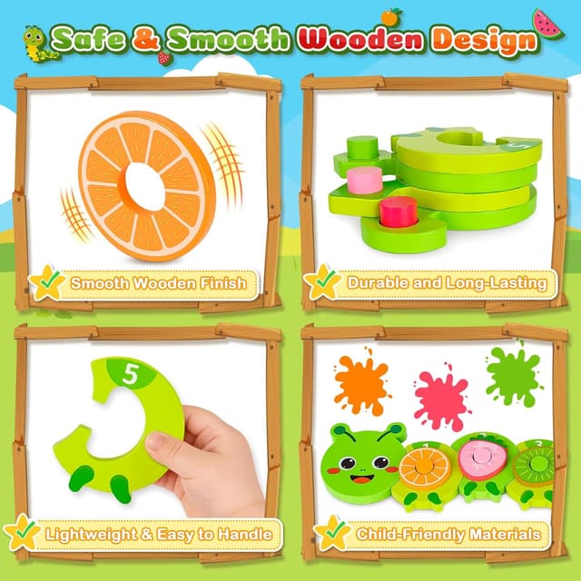 Detalle de Caterpillar Montessori wooden puzzle toy for 1–2 year olds (caterpillar colour sorting & shape matching)