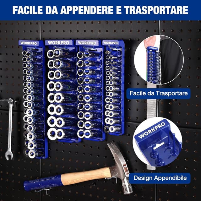 Detalle de WORKPRO Porta Bussole per prese metriche fino a 94 pezzi (1/4, 3/8, 1/2) con vassoio portaprese e fori