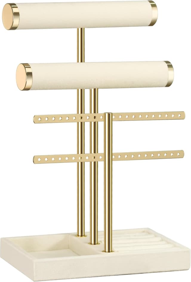 Thumbnail 6 de Josmimic Schmuck Organizer mit 3 Ebenen in Beige – samtiger Armbandständer mit abnehmbarem T-Steg