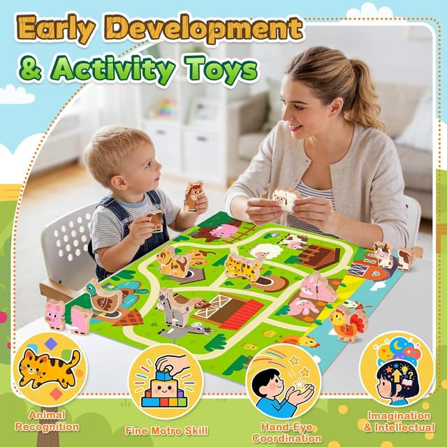 Detalle de Montessori-style wooden farm animal matching puzzle set for 1–3 year olds (10 snap fastener puzzles)