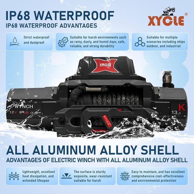 Detalle de XYCLE 12V 13,500 lb Electric Winch (IP68) with 2 Wireless Remotes & Synthetic Rope