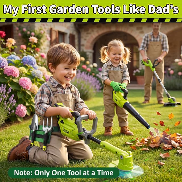 Detalle 2 de Pandapop 2-in-1 Werkzeug-Set für Kinder ab 3 Jahren: Rasenmäher & Laubbläser mit Lichteffekt