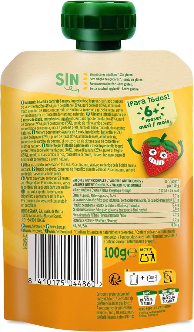 Detalle 1 de Hero Baby Mi Merienda Bolsitas Yogurín Plátano y Fresa 🍌🍓