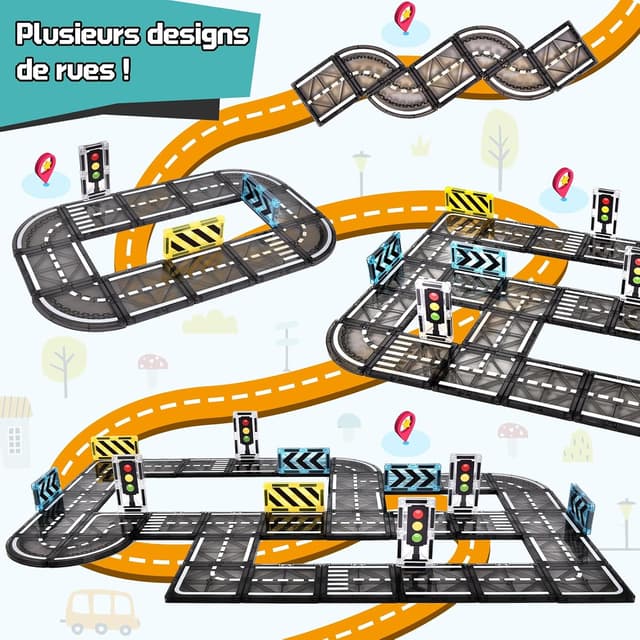 Detalle de BuzzoXerex Construction magnétique Routes – 50 pièces de tuiles magnétiques pour créer des parcours routiers