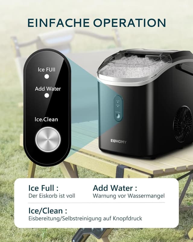 Detalle 2 de EUHOMY Eiswürfelmaschine (15 kg/24h) mit Crushed-Nuggets-Eis, Infrarot-Sensor & automatischer Reinigung