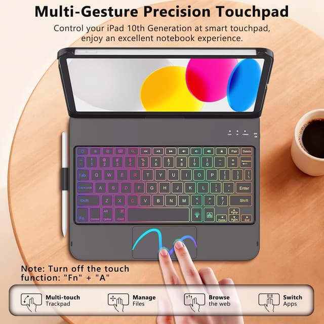 Detalle de FUWANG Touch Keyboard Case for iPad (A16) 11th Gen & iPad 10th Gen 10.9-inch (A2757/A2777/A2696) — 360° Rotating Backlit Keyboard Case, Black