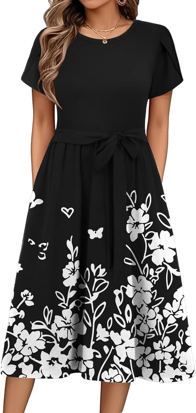Detalle de ZEAGOO Damen Sommerkleid mit Taschen, A-Linie & Blumendesign – Midikleid mit hoher Taille (S–XXL)
