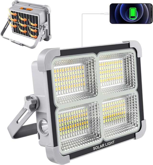 Detalle de Projecteur LED rechargeable JINABLOSSY 150W portable avec panneau solaire et 5 modes d’éclairage (IP65)