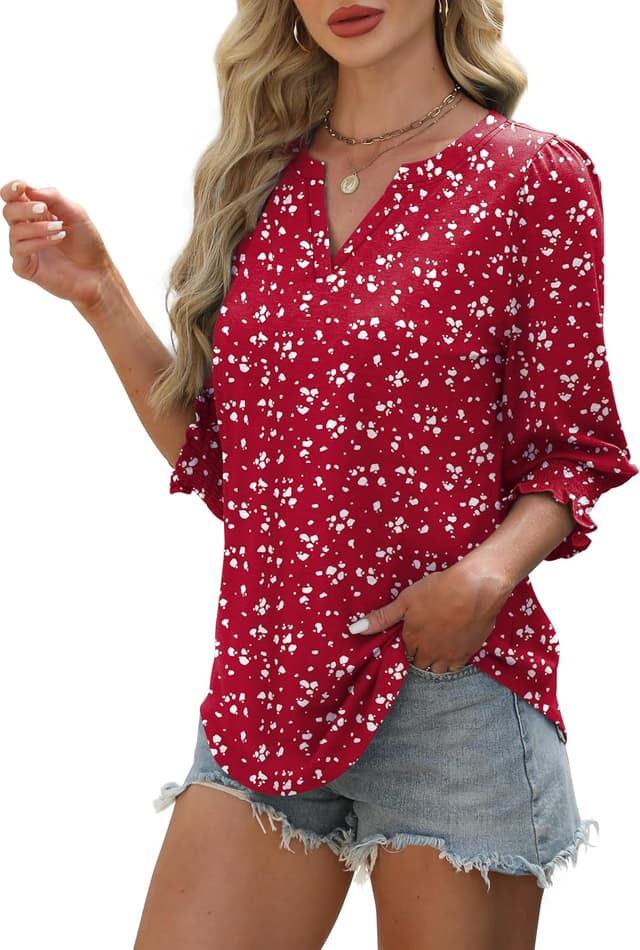 Detalle de Aokosor women’s 3/4 sleeve V-neck puff cuff smocked tunic top for office and everyday wear