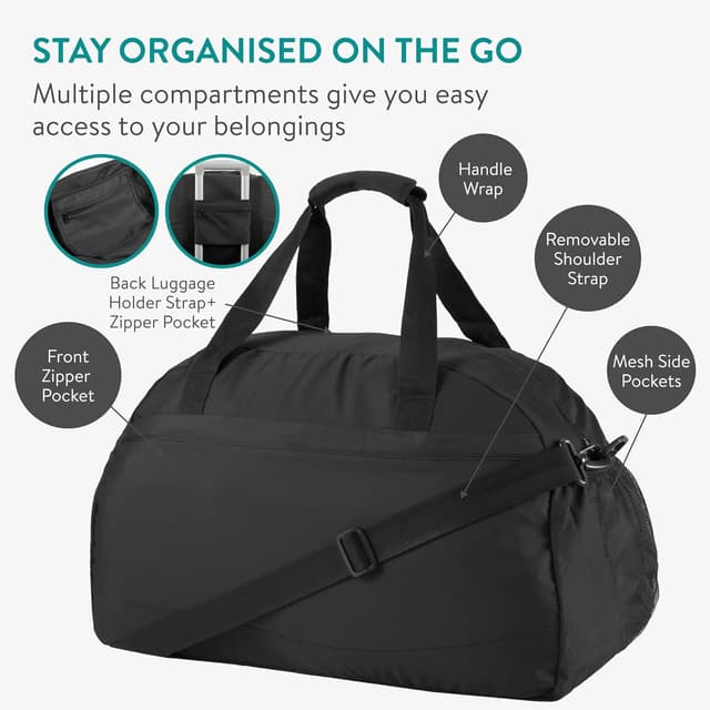 Detalle de Navaris Travel Bag Weekend Foldable Holdall (55L) – Cabin & Underseat Travel Duffle in Black