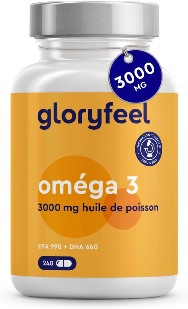 Detalle de Oméga 3 capsules hautement dosées — 3000 mg d’huile de poisson (990 mg EPA + 660 mg DHA), 240 gélules
