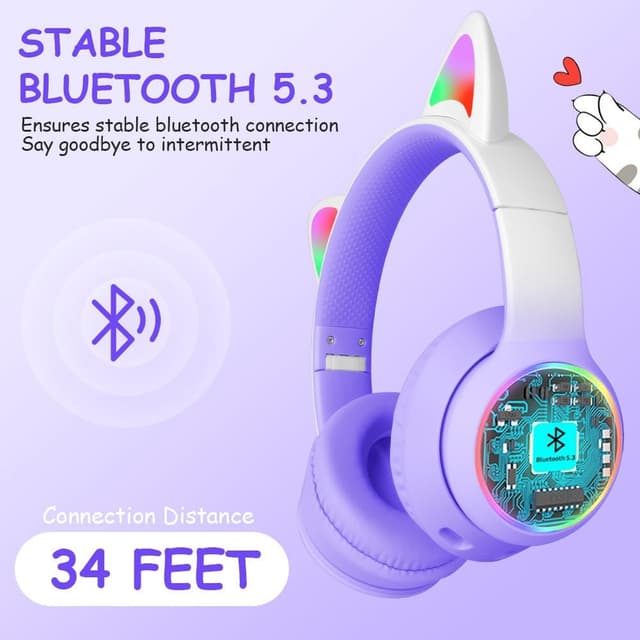 Detalle de AXFEE Kinderkopfhörer Over-Ear mit Bluetooth 5.3, Katzenohren und LED