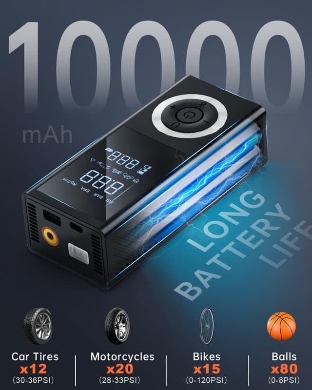 Detalle 2 de Portable Tire Inflator Air Compressor (150 PSI) with Digital Gauge, LED Light, 12V Car Adapter & Storage Box