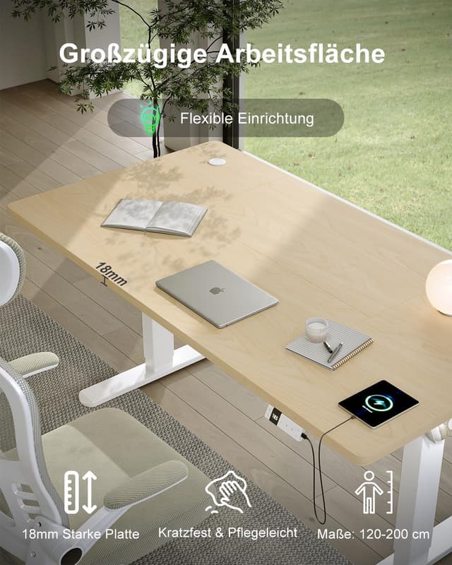 Detalle de Devoko elektrisch höhenverstellbarer Schreibtisch 180x80 cm mit Typ-C Ladeanschluss (Eiche)