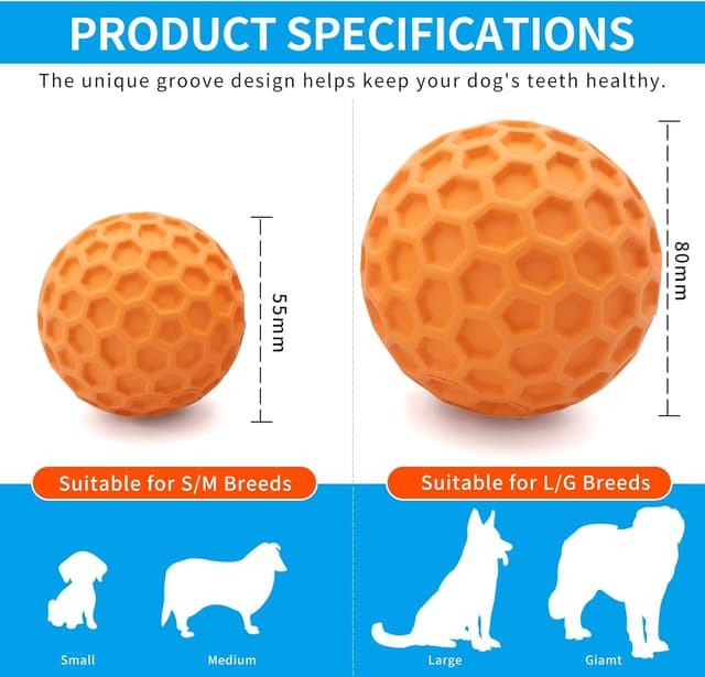 Detalle de Woeita Indestructible Squeaky Dog Ball (Orange, 80mm) – durable rubber chew and fetch toy for aggressive chewers