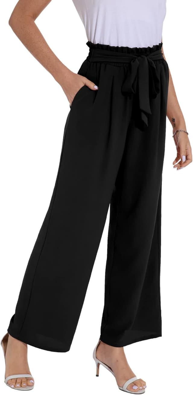 Detalle 2 de PrinStory Damen Hose mit weitem Bein – leichte Sommerhose mit elastischem Bund und Taschen