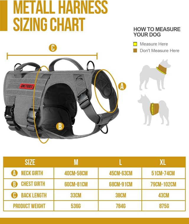 Thumbnail 6 de OneTigris tactical dog harness with 5X metal buckles, Molle vest & front no-pull clip (M, grey)