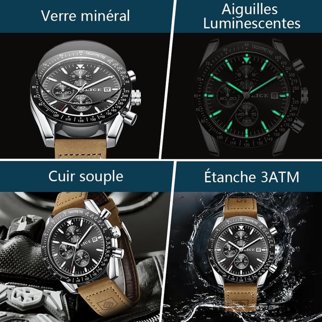 Detalle 2 de LIGE Montre Homme chronographe analogique Quartz bracelet cuir souple 45 mm
