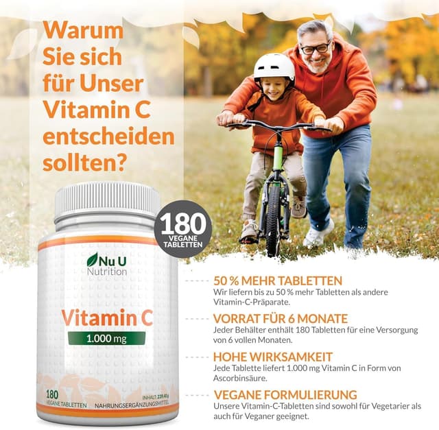 Detalle 2 de Nu U Nutrition Vitamin C 1000mg Hochdosiert 180 Vegane Tabletten